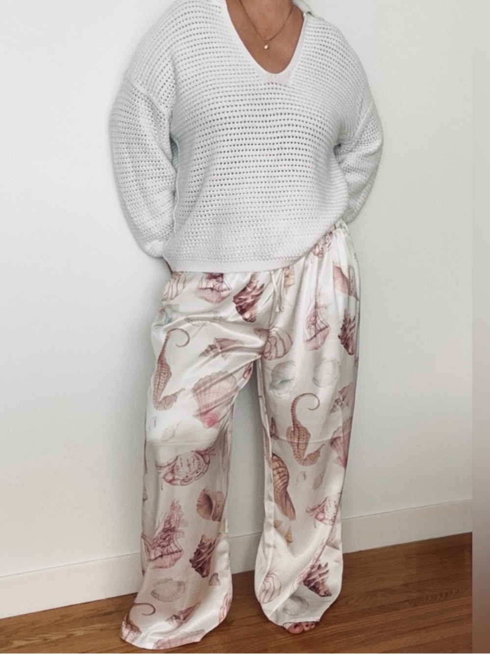 RACHEL Rachel Roy Wide-Leg Satin Pants Seashell Print Lounge Trousers Size XL